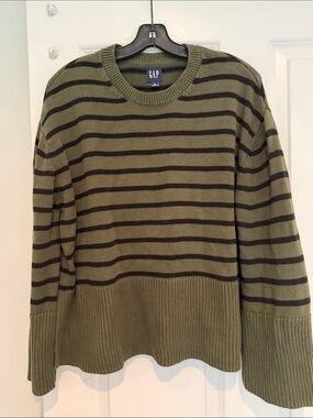 GAP Olive Green and Black Striped Crewneck